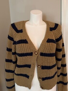 Lush Striped V-Neck Cardigan - Tan & Navy like new